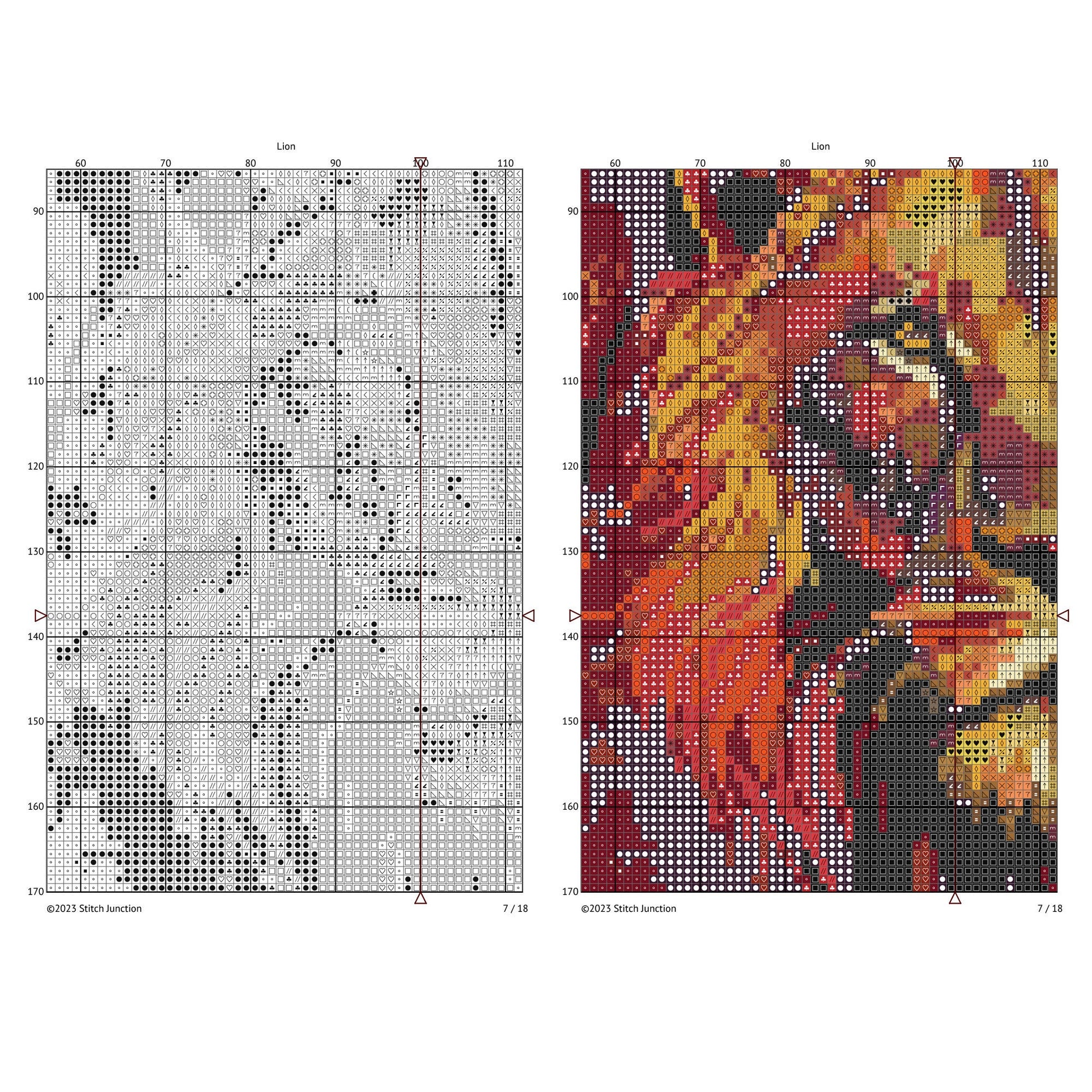 Cross-stitch pattern on the left with a colorful lion design on the right