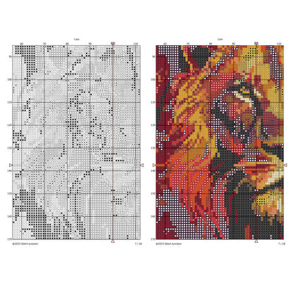 Cross-stitch pattern on the left with a colorful lion design on the right