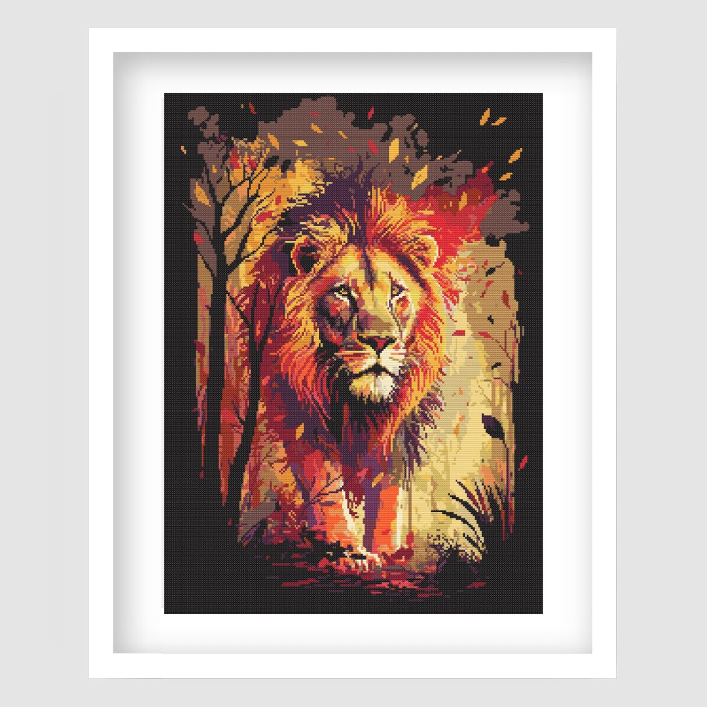 Lion in forest cross stitch pattern featuring a majestic lion with warm woodland colours.
