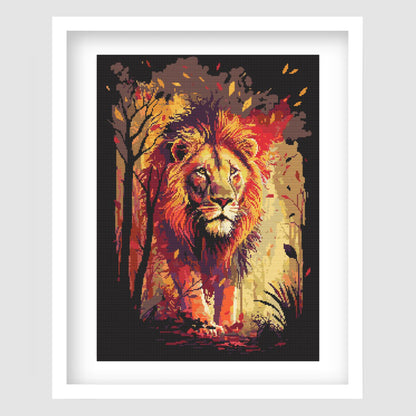 Lion in forest cross stitch pattern featuring a majestic lion with warm woodland colours.