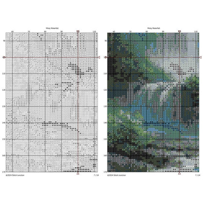 Misty Waterfall Cross Stitch Pattern, Serene Nature Embroidery, showing the grid and the symbols.