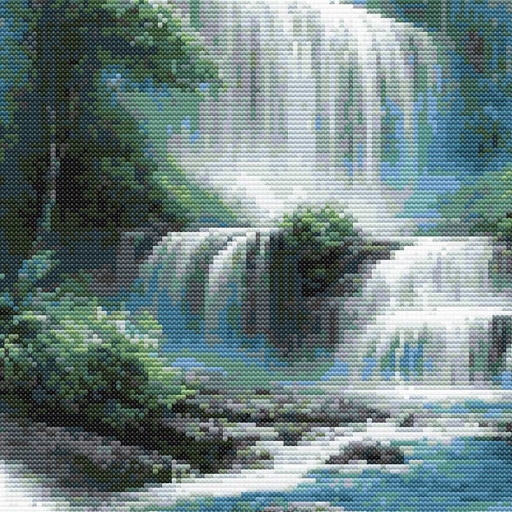 Close up of Misty Waterfall Cross Stitch Pattern, Serene Nature Embroidery.
