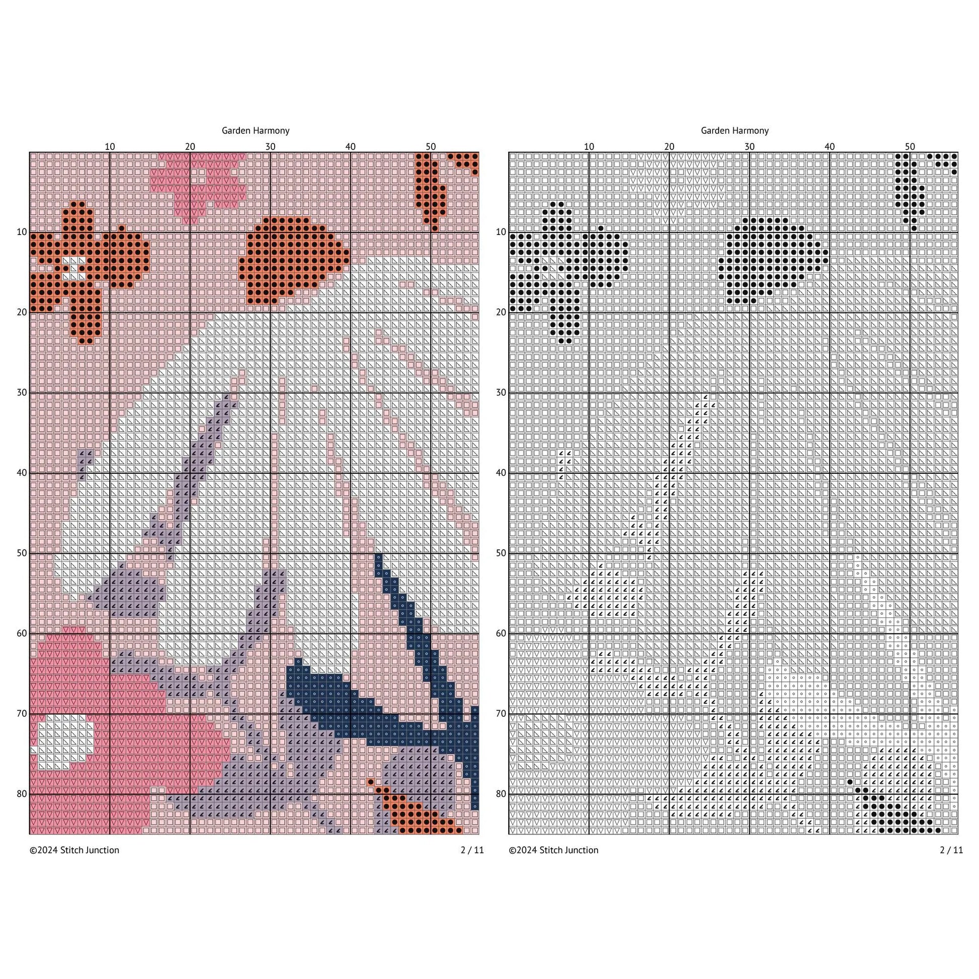 Modern Floral Cross Stitch Pattern chart preview showing the gridded pattern layout for stitching reference.