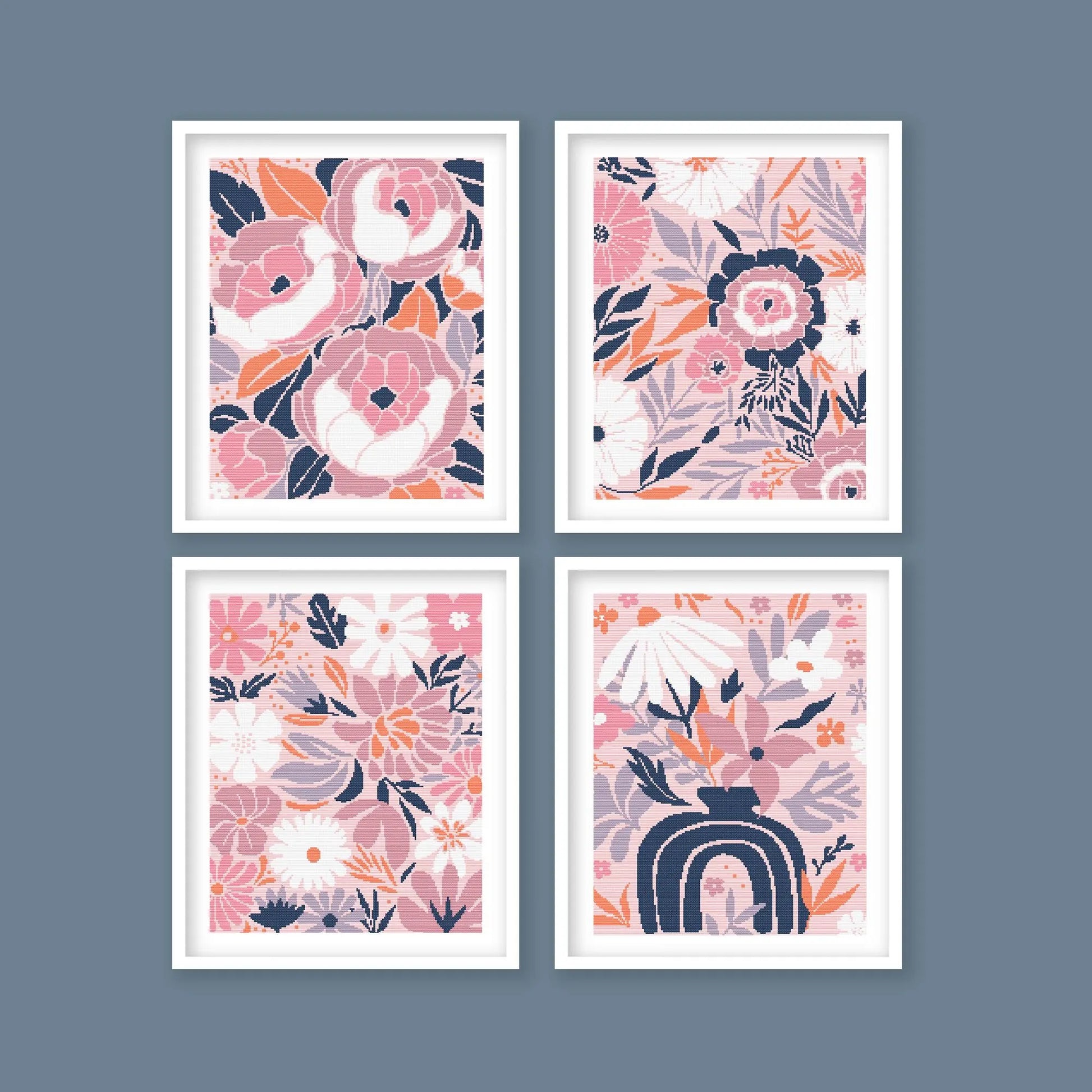 Modern Floral Cross Stitch Pattern Collection showing four pink and navy botanical designs displayed together as a digital PDF pattern set.