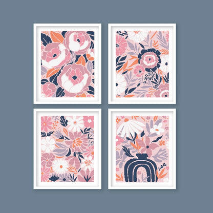 Modern Floral Cross Stitch Pattern Collection showing four pink and navy botanical designs displayed together as a digital PDF pattern set.