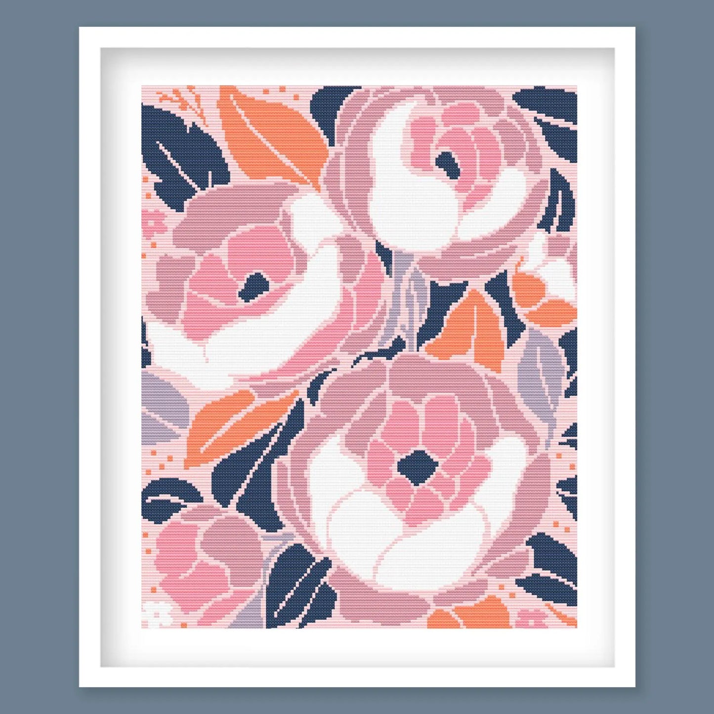 Modern Floral Cross Stitch Pattern showing large pink flowers with navy and peach botanical accents on a pale background.