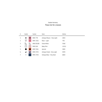 Modern Floral Cross Stitch Pattern thread list preview showing the colour key and symbols included in the digital PDF pattern.