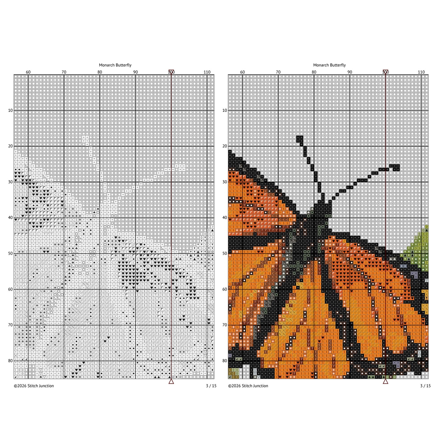 Monarch Butterfly Cross Stitch Pattern chart preview showing the gridded stitching layout beside the completed artwork.