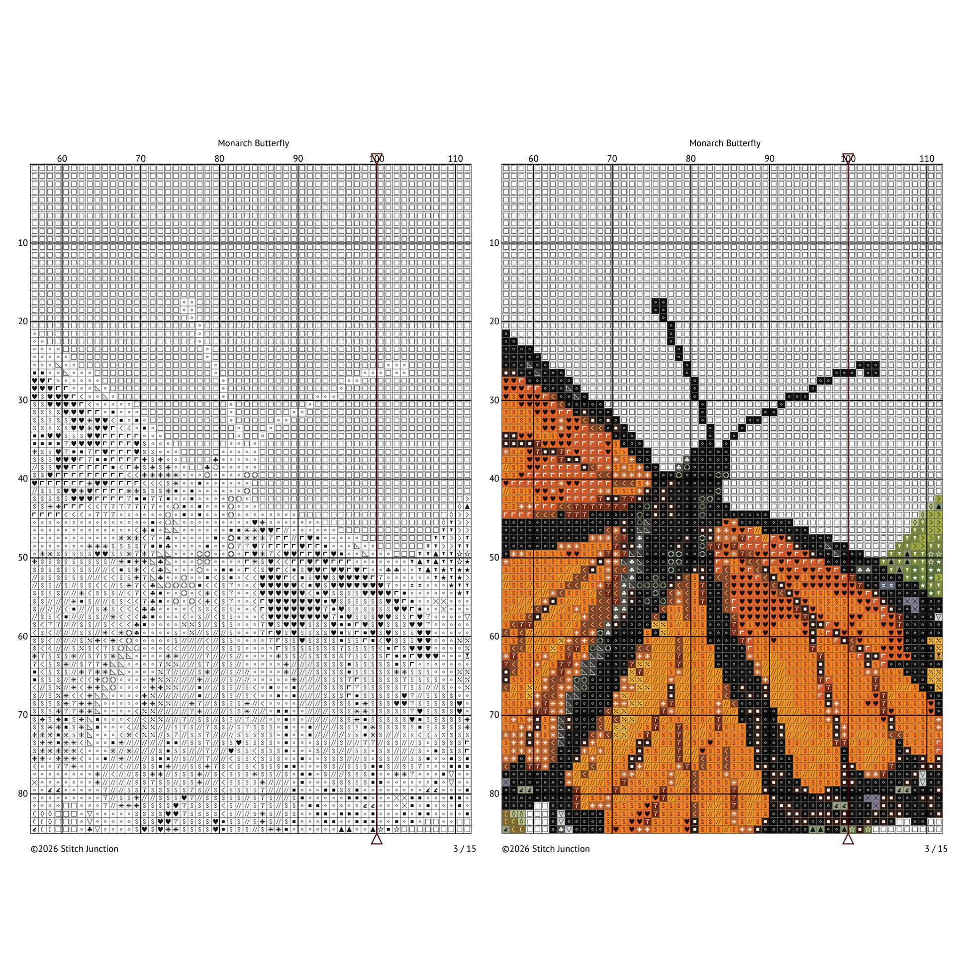 Monarch Butterfly Cross Stitch Pattern chart preview showing the gridded stitching layout beside the completed artwork.