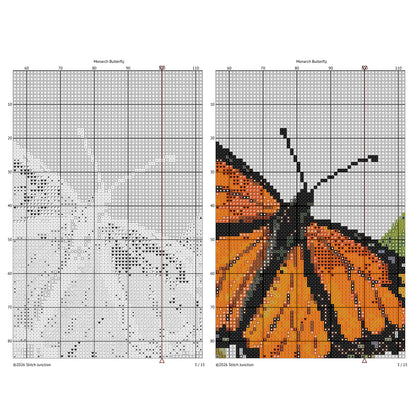 Monarch Butterfly Cross Stitch Pattern chart preview showing the gridded stitching layout beside the completed artwork.