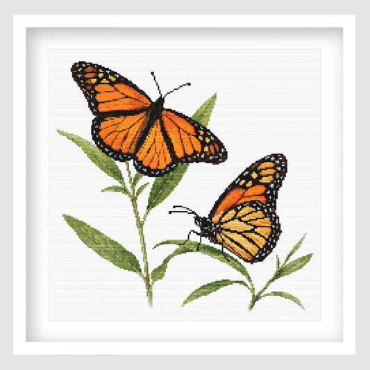 Monarch Butterfly Cross Stitch Pattern displayed in a white frame, featuring two orange butterflies with green leaves and botanical details.