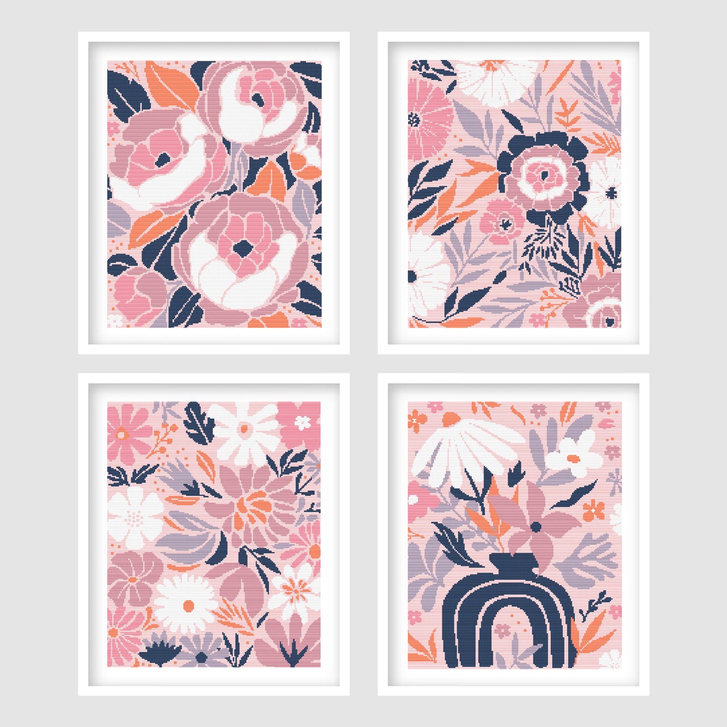 Four framed floral cross stitch patterns in soft pink, coral, white and navy tones, featuring modern botanical flowers, leaves and a decorative rainbow design.