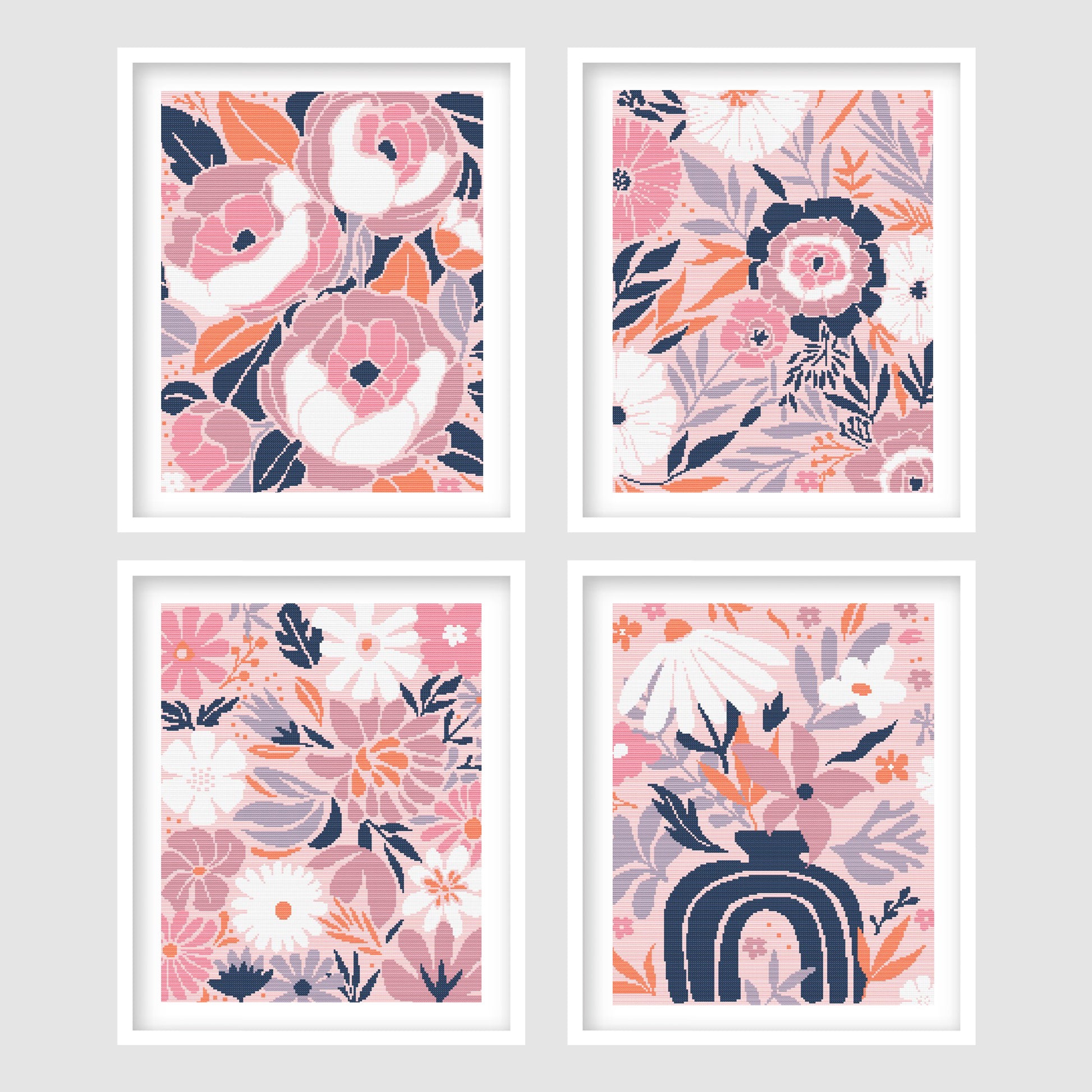Four framed floral cross stitch patterns in soft pink, coral, white and navy tones, featuring modern botanical flowers, leaves and a decorative rainbow design.