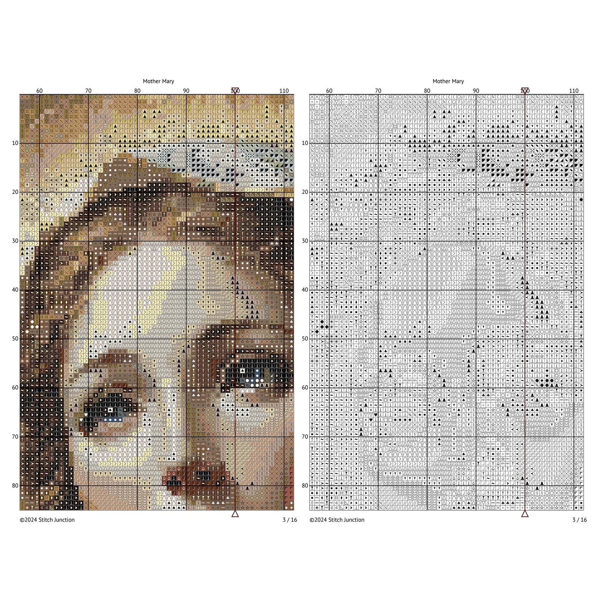 Virgin Mary Cross Stitch Pattern digital download chart preview with colour symbols and black-and-white symbol chart for printable counted cross stitch.