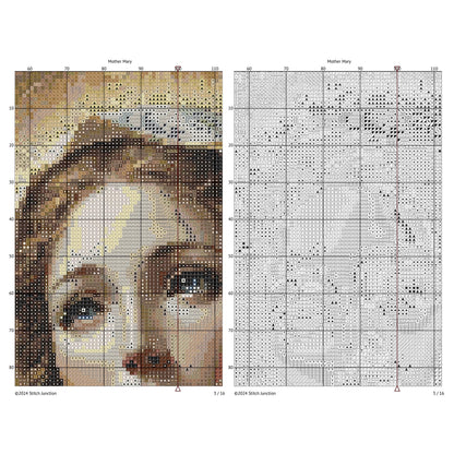 Virgin Mary Cross Stitch Pattern digital download chart preview with colour symbols and black-and-white symbol chart for printable counted cross stitch.