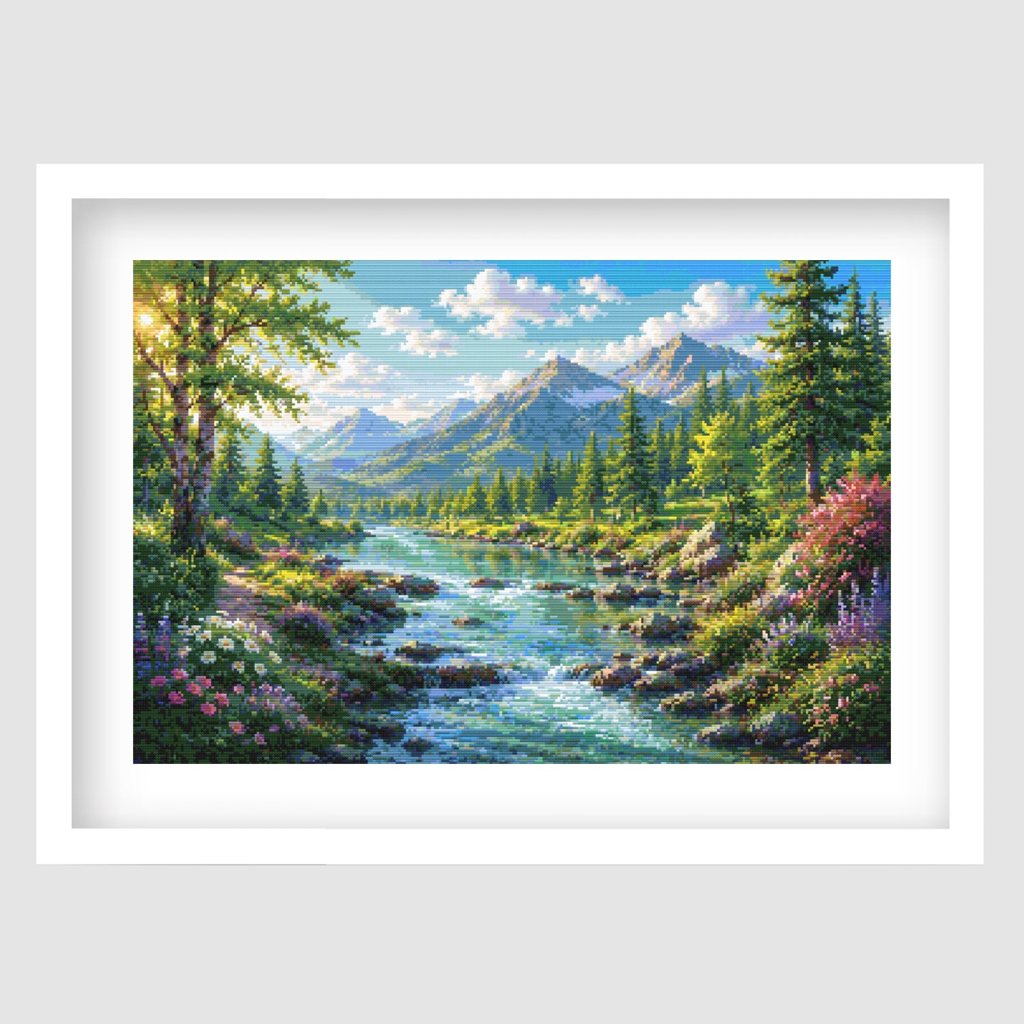 Mountain River Cross Stitch Pattern – Peaceful Forest Landscape Embroidery Chart (Digital Download)