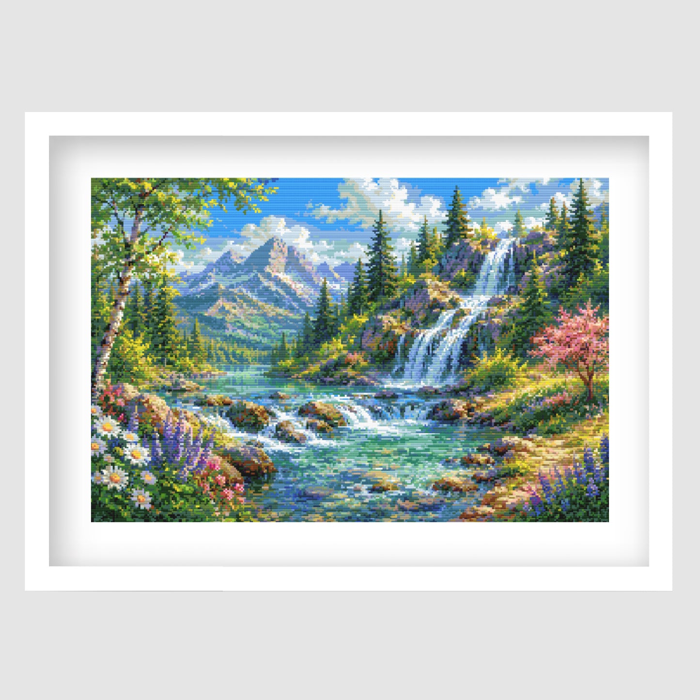 Mountain Waterfall Cross Stitch Pattern – Scenic Landscape Nature Embroidery