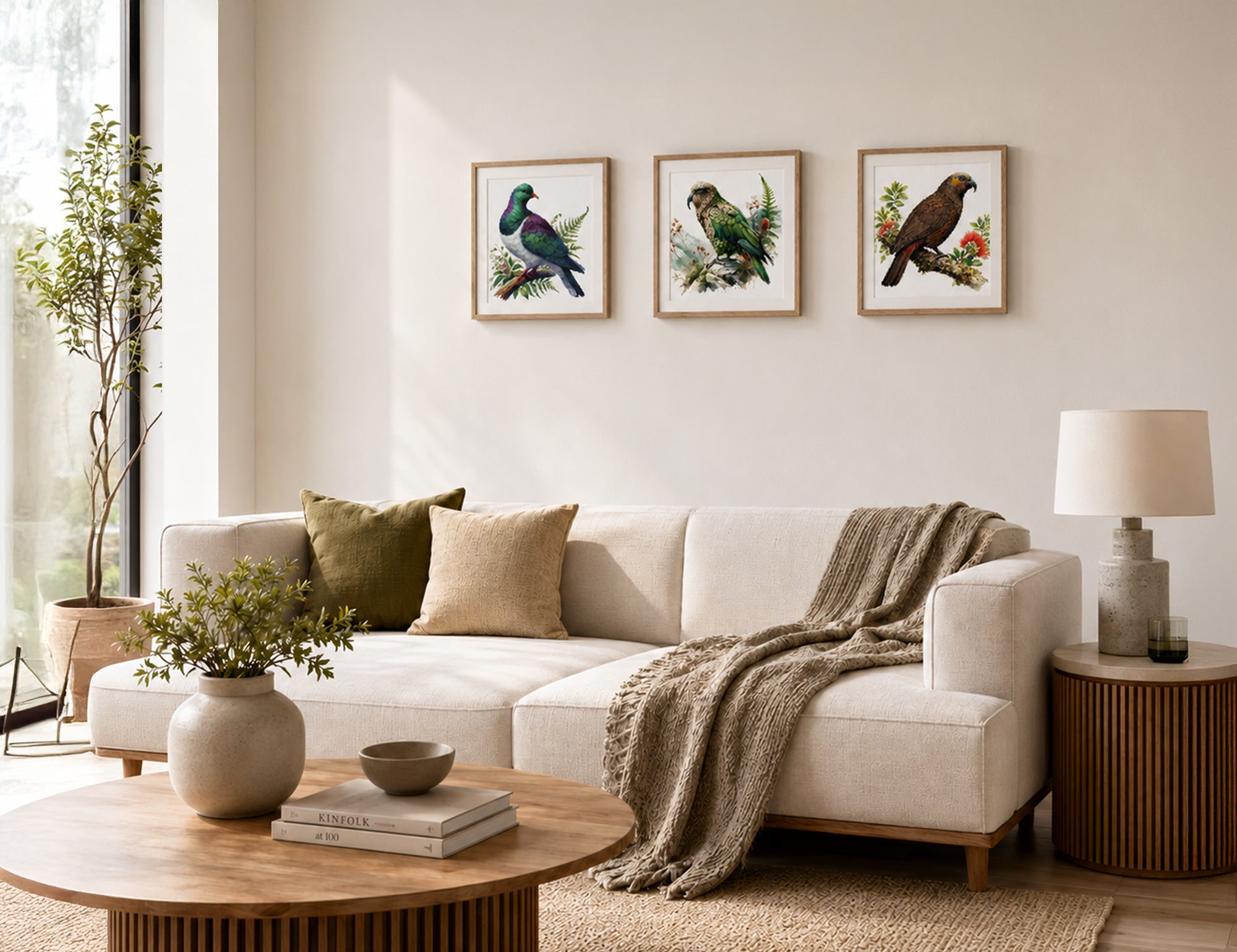 Cross stitch wall art displayed in a cosy modern living room interior.
