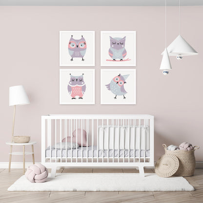 Cute owl cross stitch patterns displayed as framed artwork in a modern nursery, creating a soft and playful woodland theme.