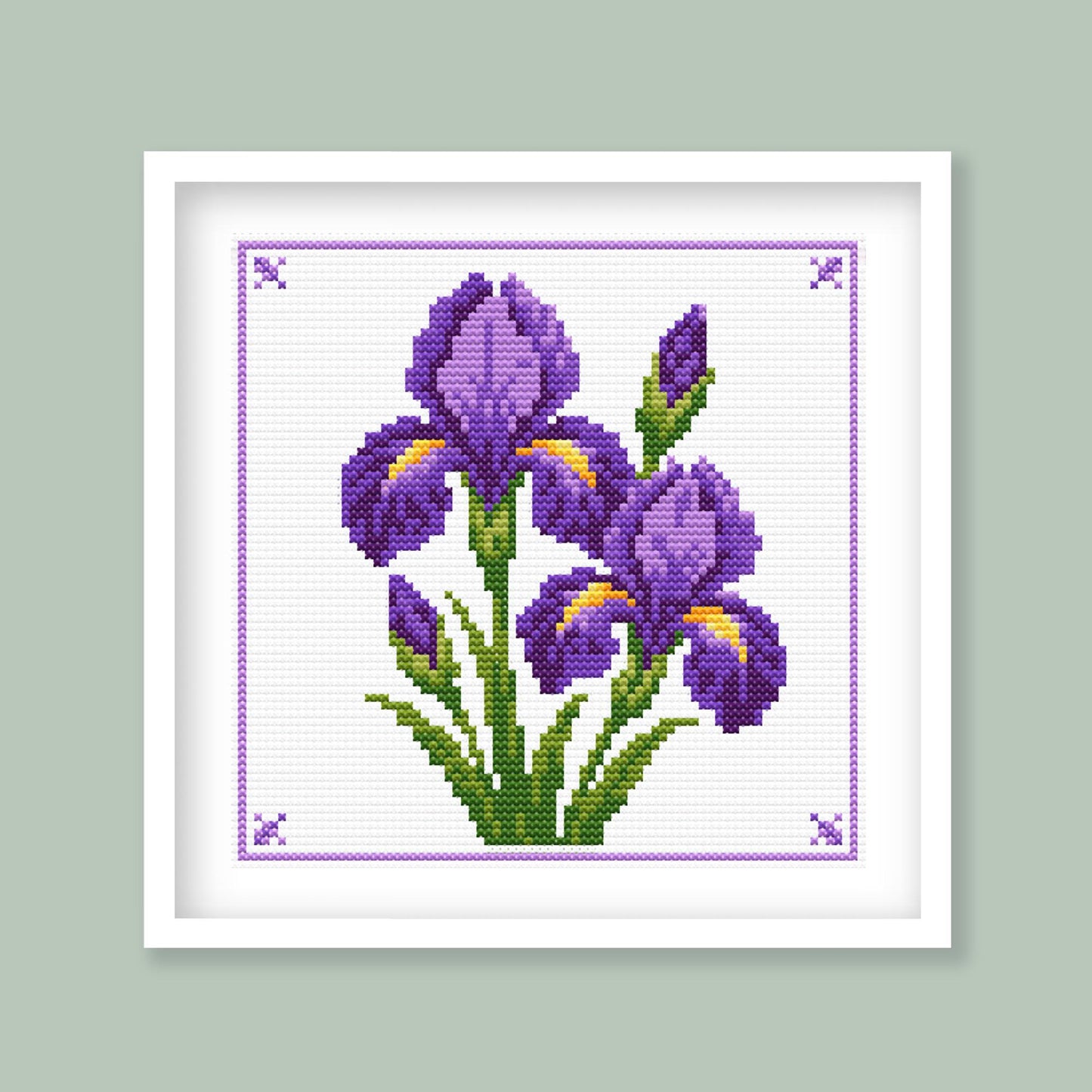 Purple iris cross stitch pattern displayed in a green frame