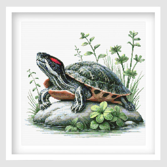 Turtle cross stitch pattern featuring a detailed pond turtle resting on rocks, surrounded by green plants, clover leaves and natural wildlife details.
