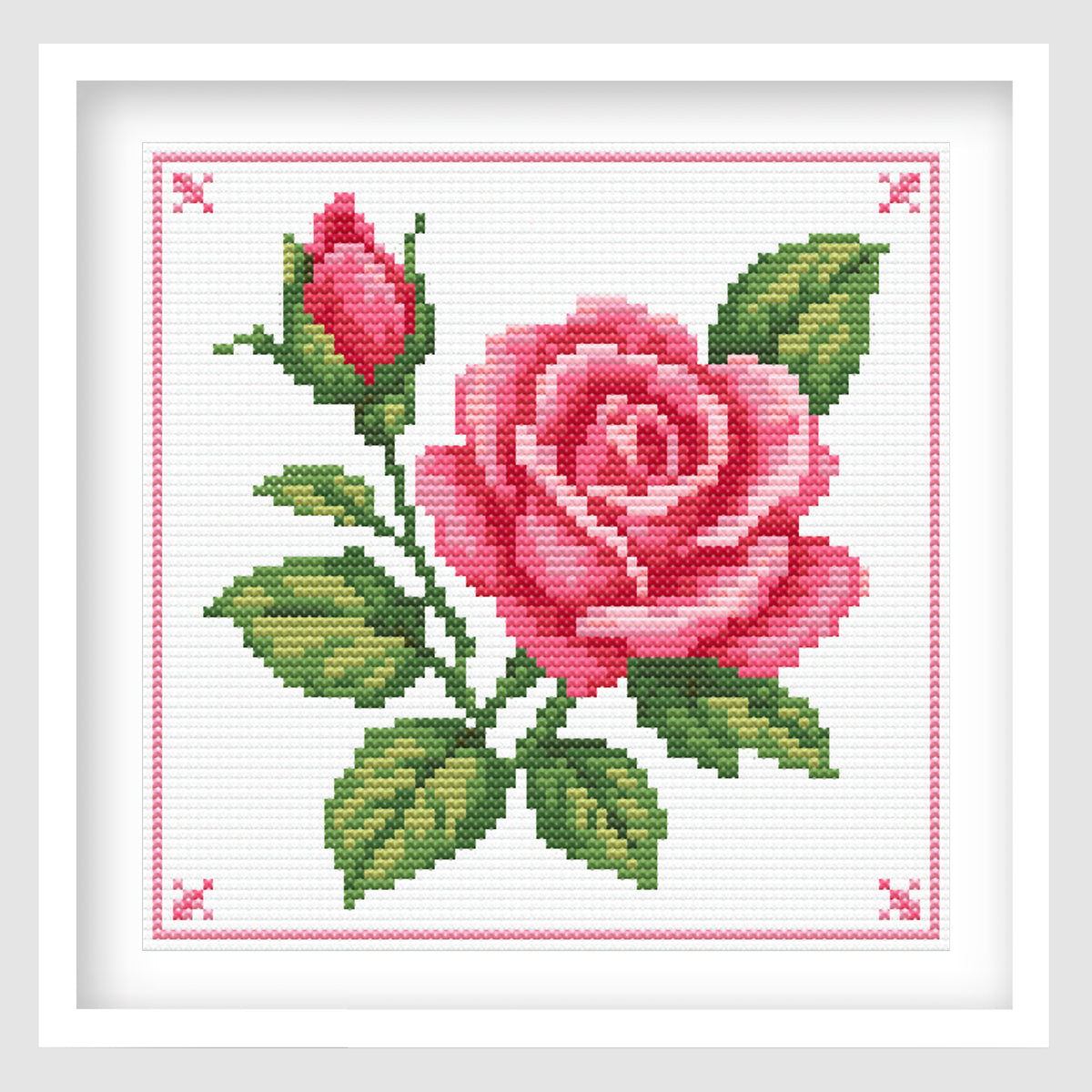 Pink Rose cross stitch pattern - pink floral PDF chart, stitched sample