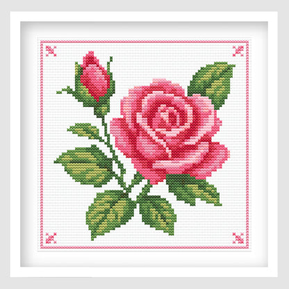 Pink Rose cross stitch pattern - pink floral PDF chart, stitched sample