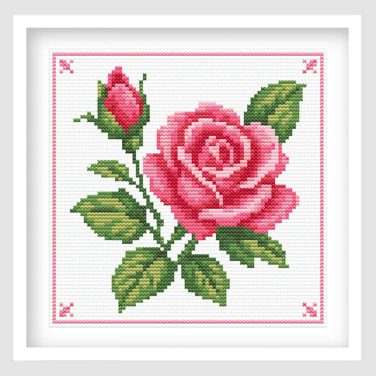 Pink Rose cross stitch pattern - pink floral PDF chart, stitched sample