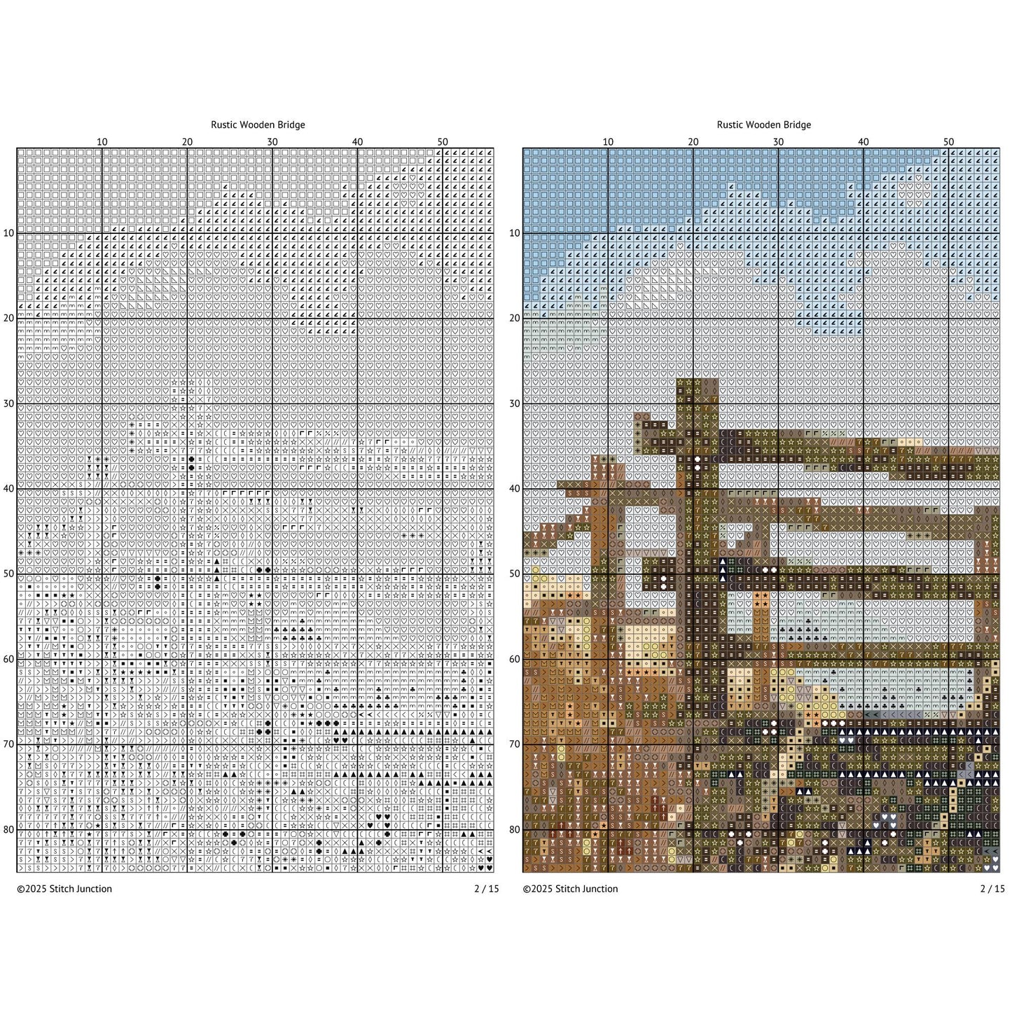 Cross-stitch pattern for a rustic wooden bridge with grid lines and color chart.