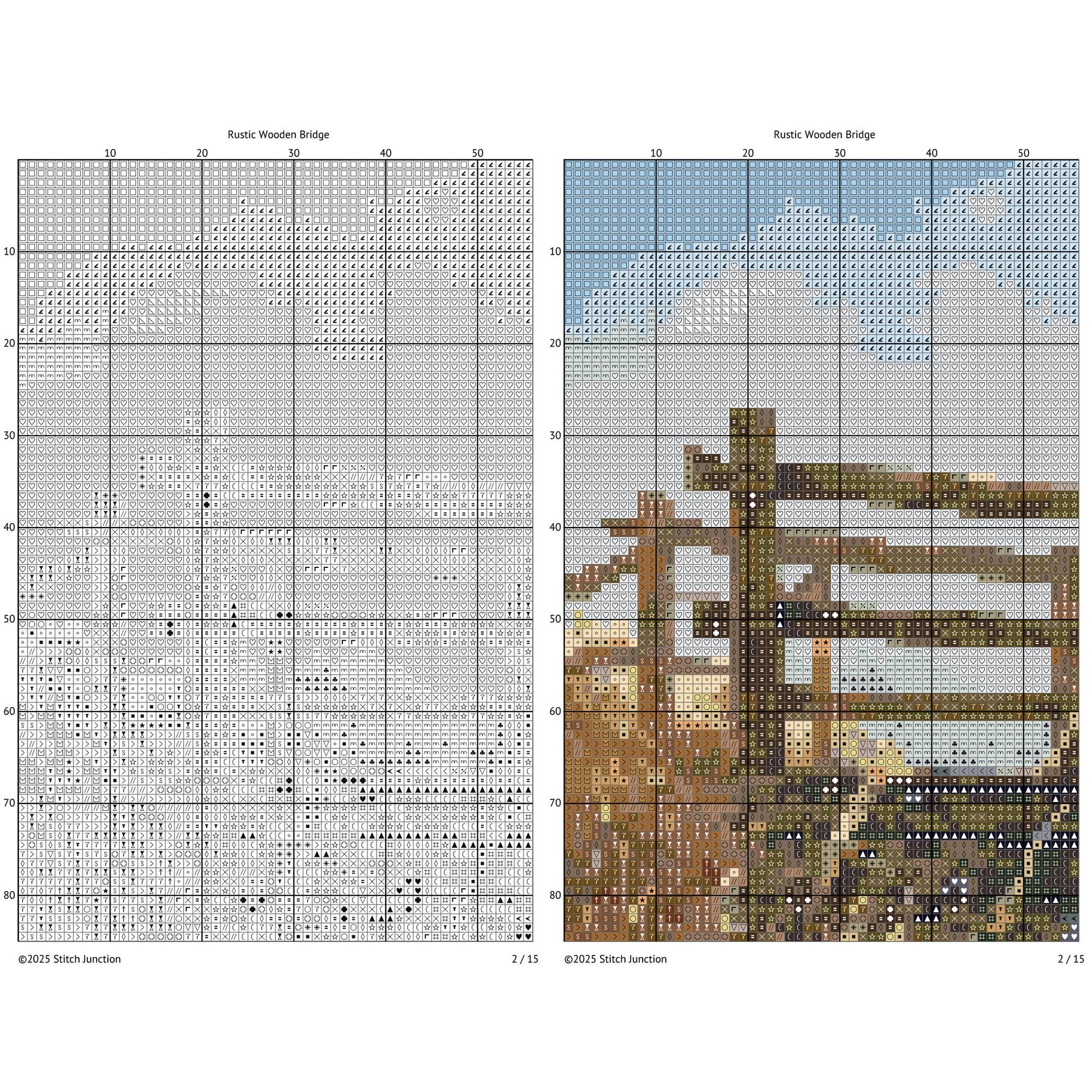 Cross-stitch pattern for a rustic wooden bridge with grid lines and color chart.
