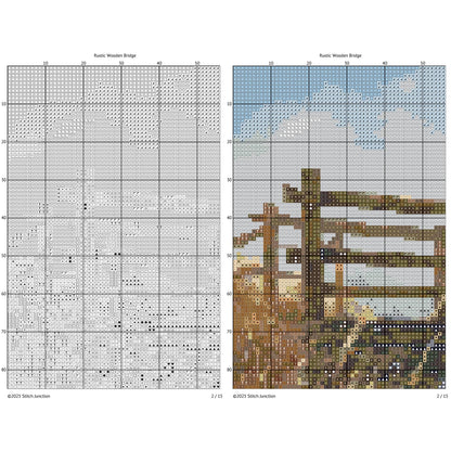 Cross-stitch pattern for a rustic wooden bridge with grid lines and color chart.