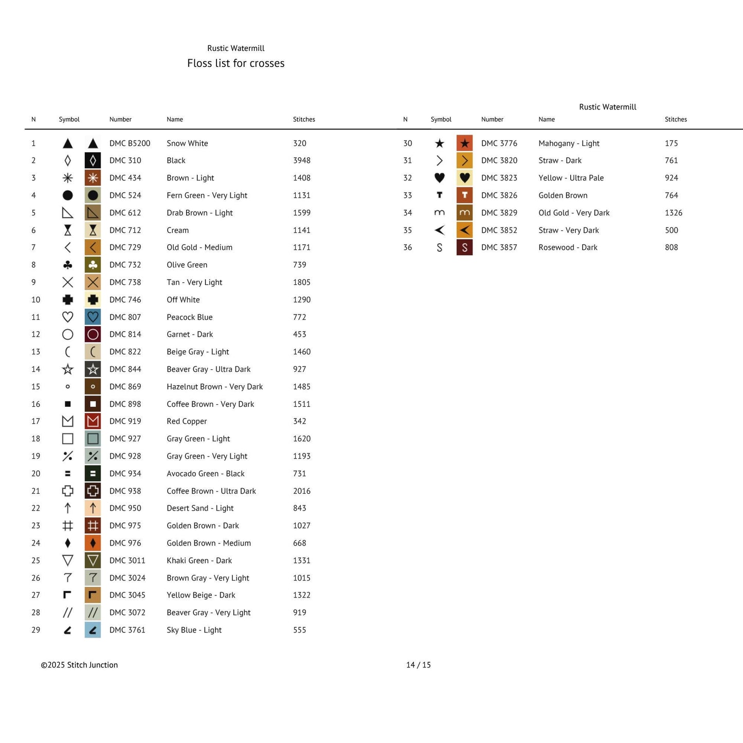 Color chart with symbols and corresponding DMC thread numbers on a white background