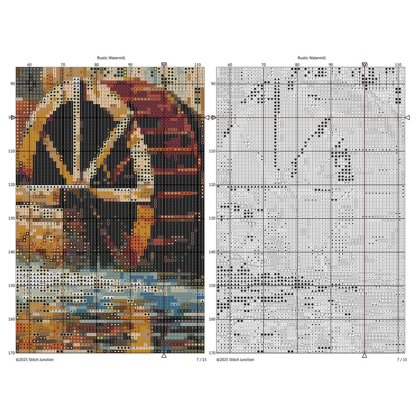 Cross-stitch pattern chart with a water wheel and a grid for stitching