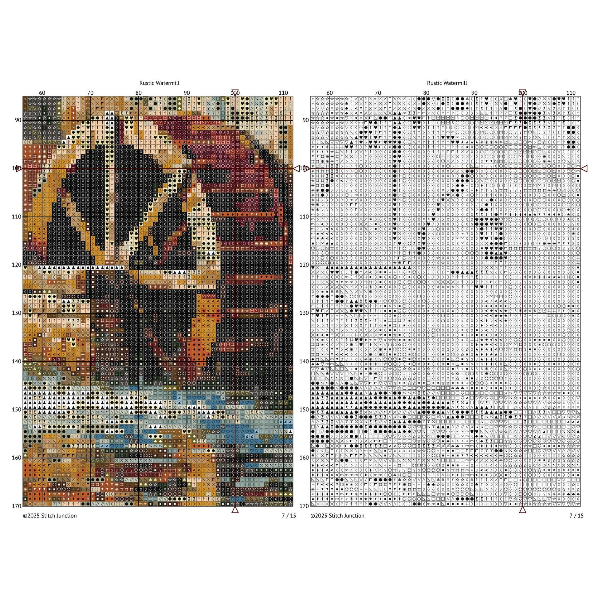 Cross-stitch pattern chart with a water wheel and a grid for stitching