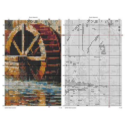 Cross-stitch pattern chart with a water wheel and a grid for stitching