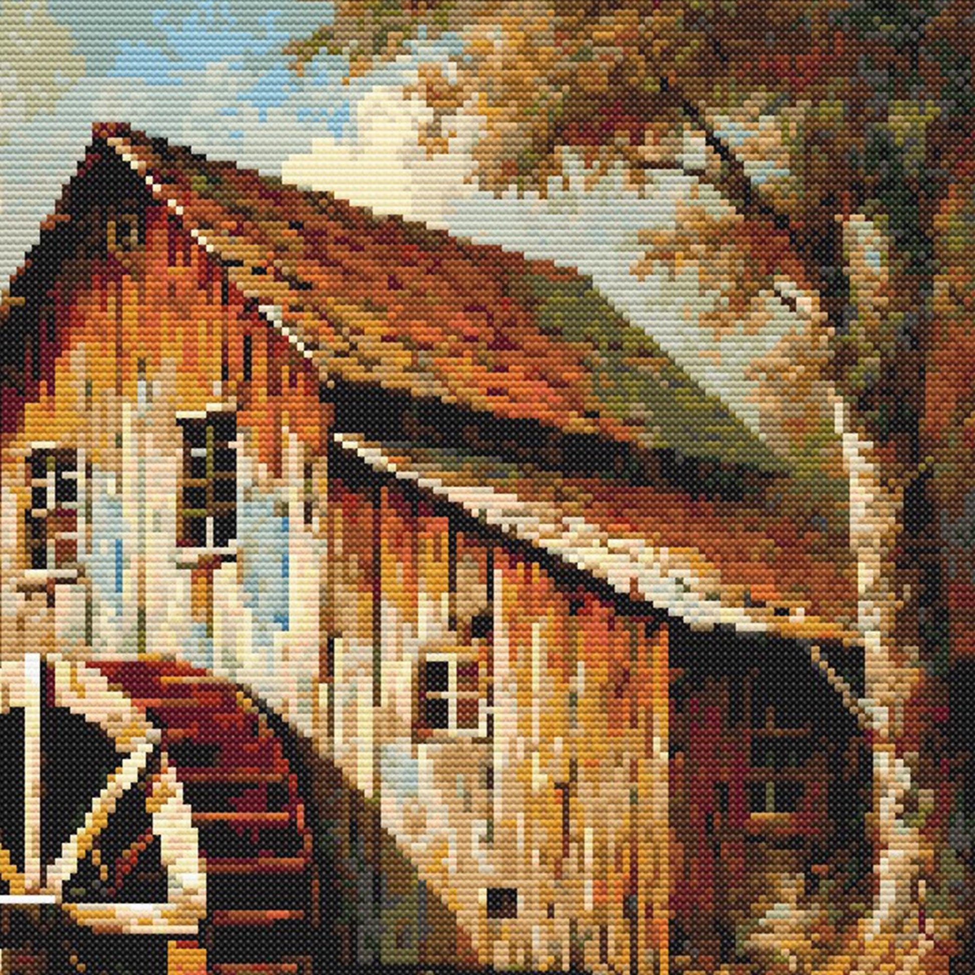 Cross-stitched depiction of a rustic mill with a water wheel and wooden structure.