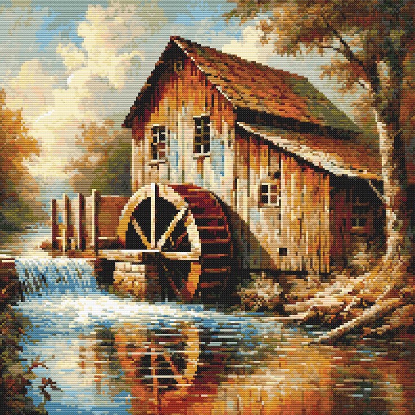 A flat lay of the main water wheel house cross stitch pattern