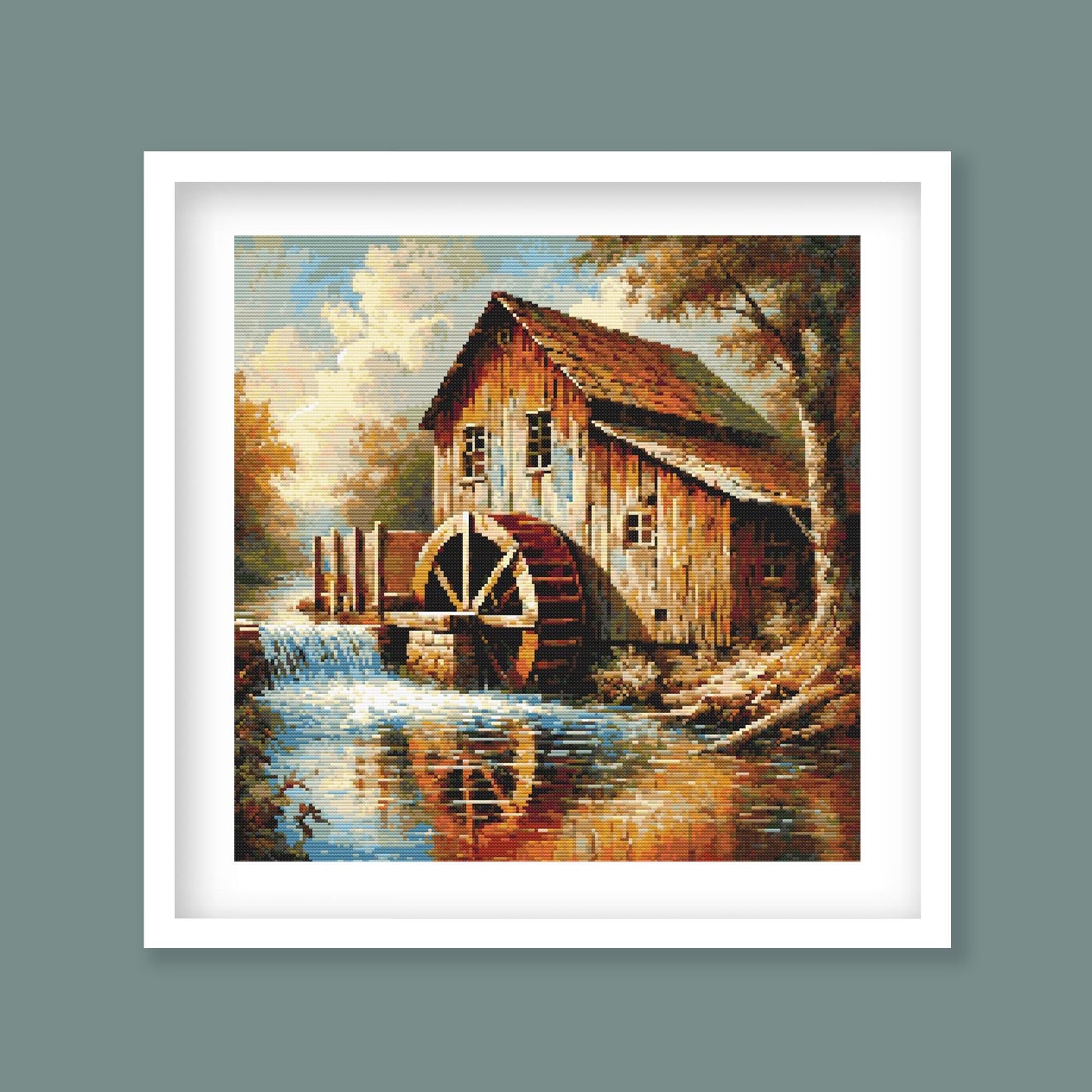 Framed artwork of a watermill by a river on a gray background