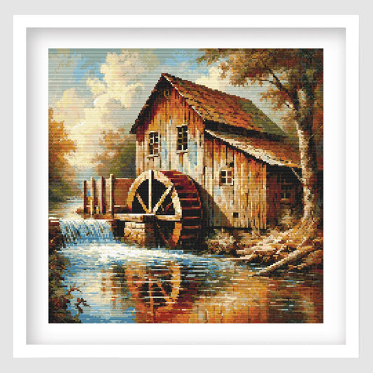 Rustic watermill cross stitch pattern featuring a countryside waterwheel scene, shown as framed wall art.