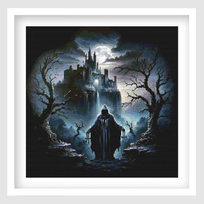 Gothic reaper cross stitch pattern featuring a hooded figure on a dark path, with a moonlit castle, bare trees and blue-black fantasy scenery.