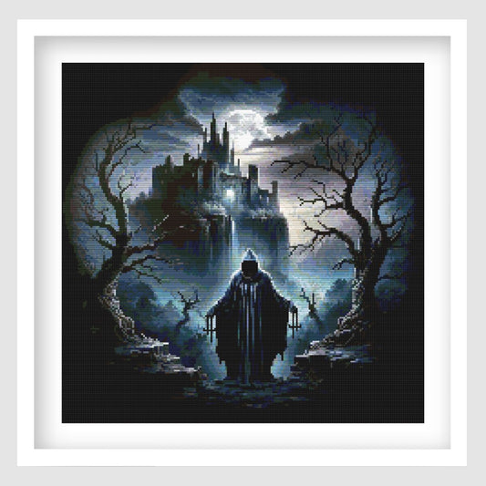 Gothic reaper cross stitch pattern featuring a hooded figure on a dark path, with a moonlit castle, bare trees and blue-black fantasy scenery.