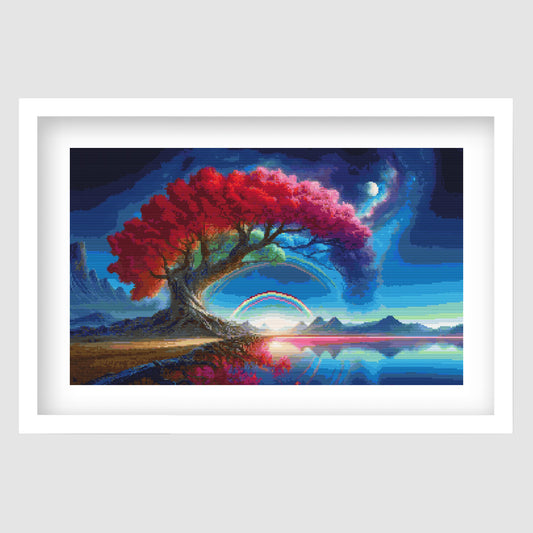 Crimson Rainbow Tree Cross Stitch Pattern