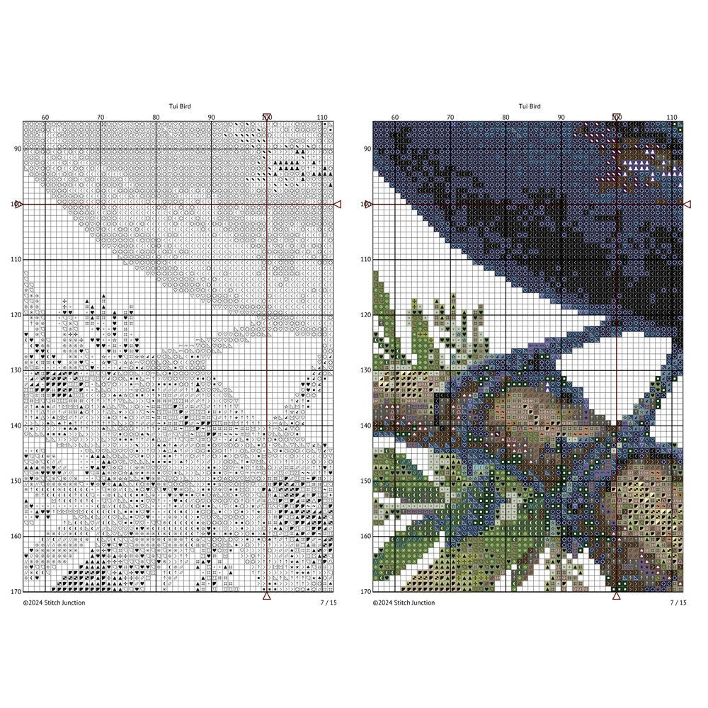 Tui Cross Stitch Pattern digital download chart preview with colour symbols and black-and-white symbol chart for printable counted cross stitch.