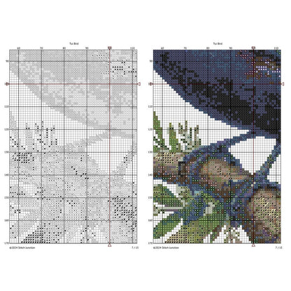 Tui Cross Stitch Pattern digital download chart preview with colour symbols and black-and-white symbol chart for printable counted cross stitch.