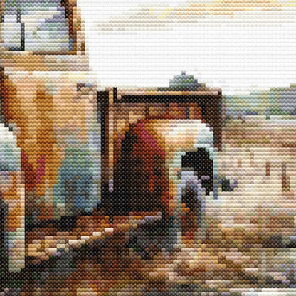 looking at the rear end of a rustice farm style pick up truck, the side door and step are visible in the pattern.