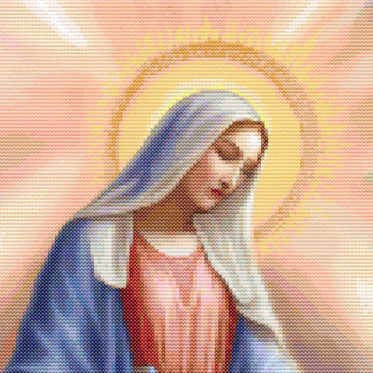 Virgin Mary cross stitch pattern featuring Mother Mary with a glowing halo, flowing blue robe, and peaceful Christian embroidery design.