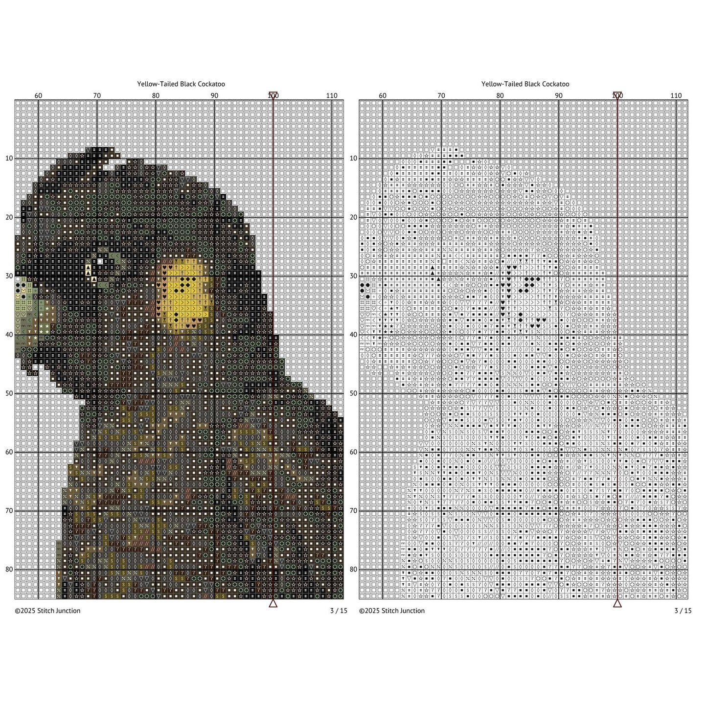 Yellow-Tailed Black Cockatoo Cross Stitch Pattern chart preview showing the gridded stitching layout beside the completed artwork for reference.