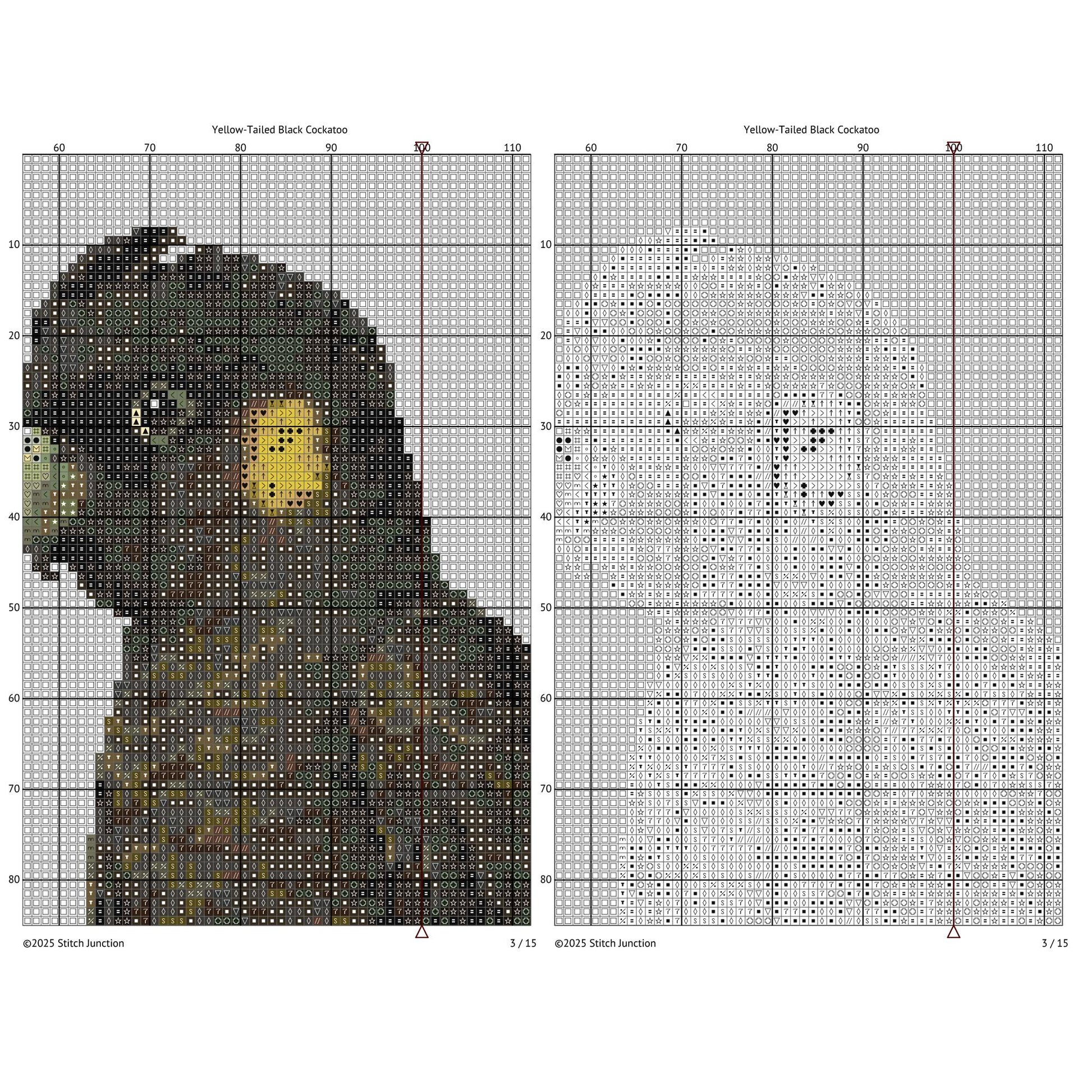 Yellow-Tailed Black Cockatoo Cross Stitch Pattern chart preview showing the gridded stitching layout beside the completed artwork for reference.
