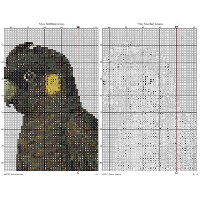 Yellow-Tailed Black Cockatoo Cross Stitch Pattern chart preview showing the gridded stitching layout beside the completed artwork for reference.