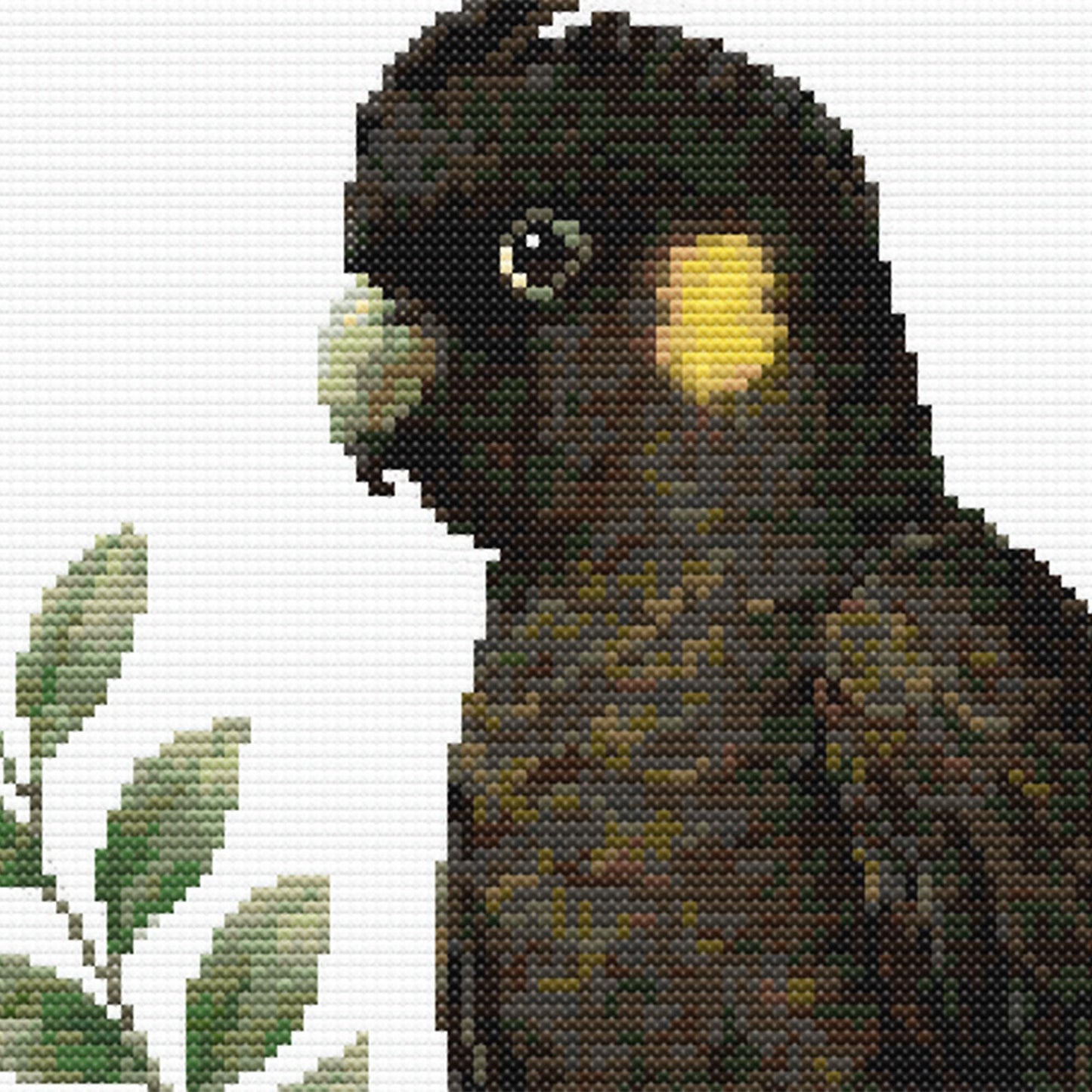 Yellow-Tailed Black Cockatoo Cross Stitch Pattern close-up highlighting the bird's distinctive dark feathers, yellow cheek patch and realistic wildlife details.